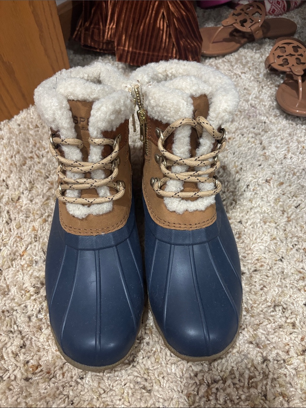 Sperry Navy and Tan Duck Boots with Sherpa Collar